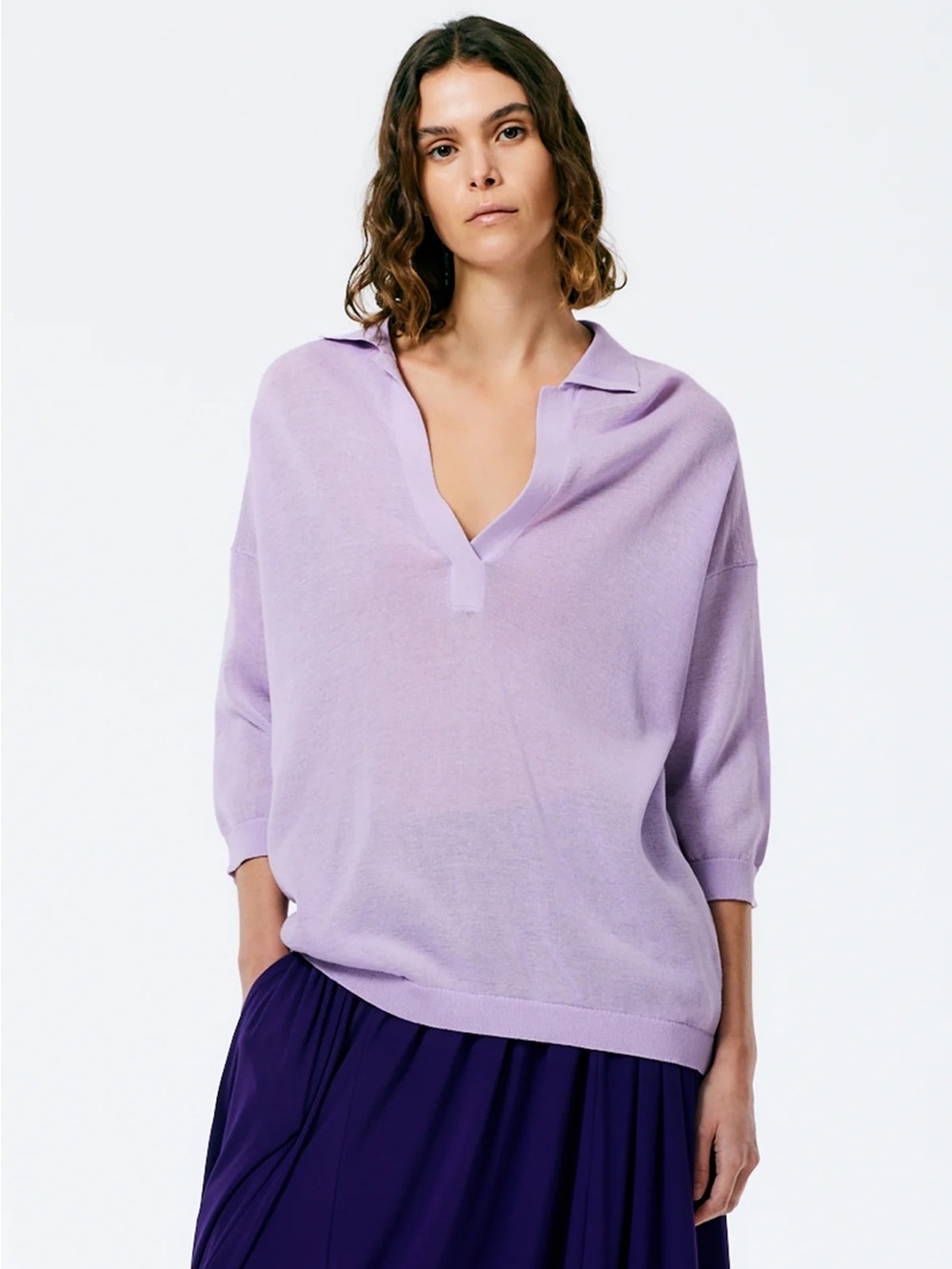 TIBI Crispy Viscose Sweater Easy Polo in Dusty Lavender - Picture 1 of 7